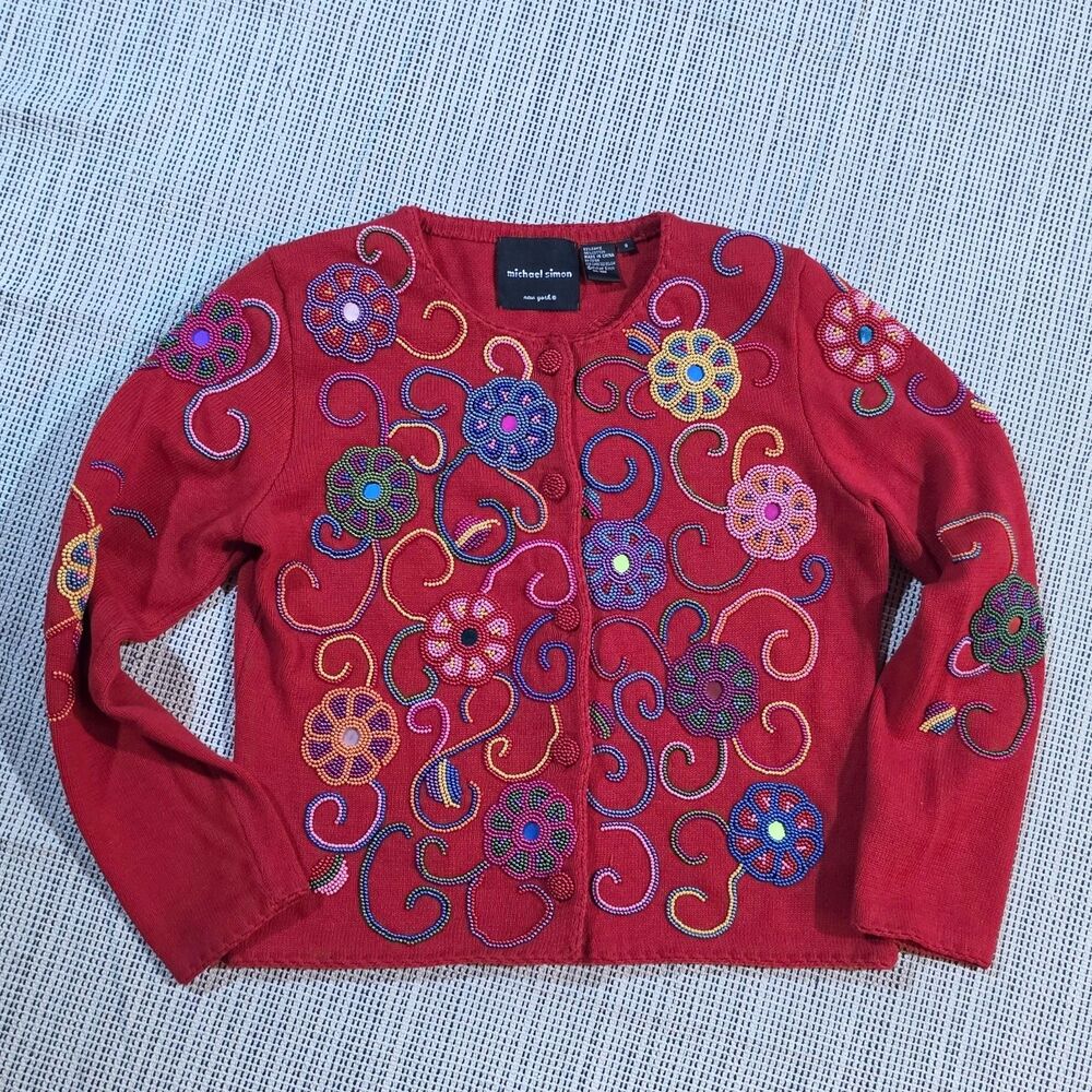 As Is Vintage 90s Michael Simon Cardigan Sweater Women S Red Floral Swirl Beaded